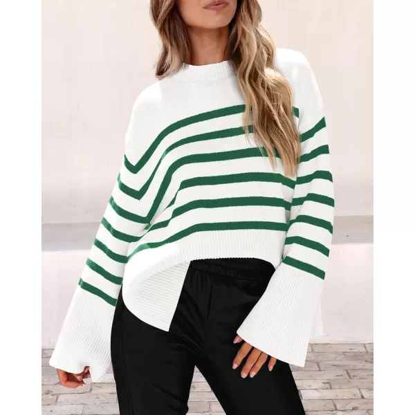 imagePRETTYGARDEN Womens 2024 Fall Striped Sweater Oversized Long Sleeve Crew Neck Side Slit Casual Trendy Knit Pullover SweatersGreen