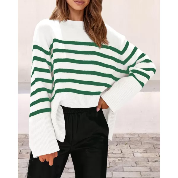 imagePRETTYGARDEN Womens 2024 Fall Striped Sweater Oversized Long Sleeve Crew Neck Side Slit Casual Trendy Knit Pullover SweatersGreen