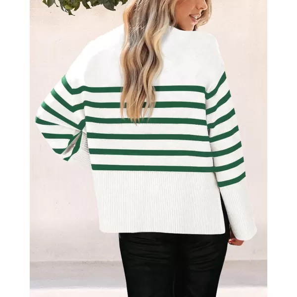 imagePRETTYGARDEN Womens 2024 Fall Striped Sweater Oversized Long Sleeve Crew Neck Side Slit Casual Trendy Knit Pullover SweatersGreen