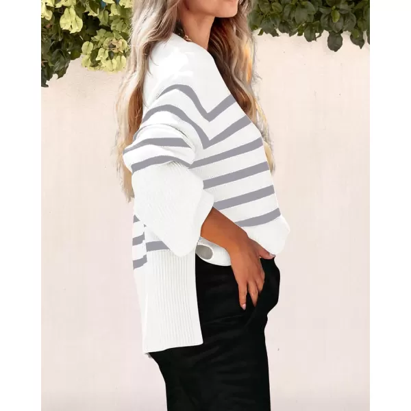 imagePRETTYGARDEN Womens 2024 Fall Striped Sweater Oversized Long Sleeve Crew Neck Side Slit Casual Trendy Knit Pullover SweatersGrey