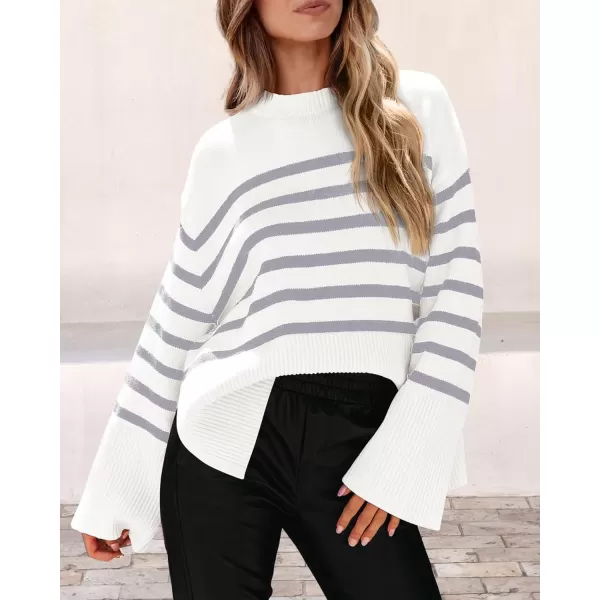 imagePRETTYGARDEN Womens 2024 Fall Striped Sweater Oversized Long Sleeve Crew Neck Side Slit Casual Trendy Knit Pullover SweatersGrey
