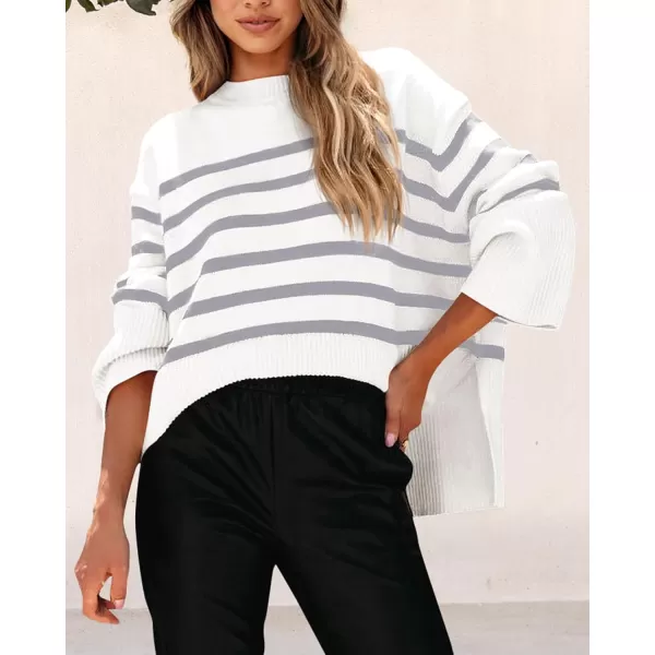 imagePRETTYGARDEN Womens 2024 Fall Striped Sweater Oversized Long Sleeve Crew Neck Side Slit Casual Trendy Knit Pullover SweatersGrey