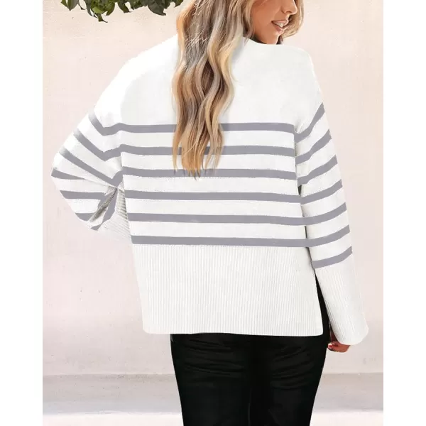 imagePRETTYGARDEN Womens 2024 Fall Striped Sweater Oversized Long Sleeve Crew Neck Side Slit Casual Trendy Knit Pullover SweatersGrey
