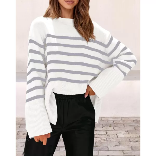 imagePRETTYGARDEN Womens 2024 Fall Striped Sweater Oversized Long Sleeve Crew Neck Side Slit Casual Trendy Knit Pullover SweatersGrey