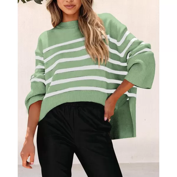 imagePRETTYGARDEN Womens 2024 Fall Striped Sweater Oversized Long Sleeve Crew Neck Side Slit Casual Trendy Knit Pullover SweatersLight Green