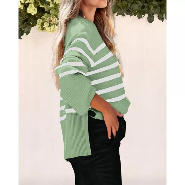 imagePRETTYGARDEN Womens 2024 Fall Striped Sweater Oversized Long Sleeve Crew Neck Side Slit Casual Trendy Knit Pullover SweatersLight Green