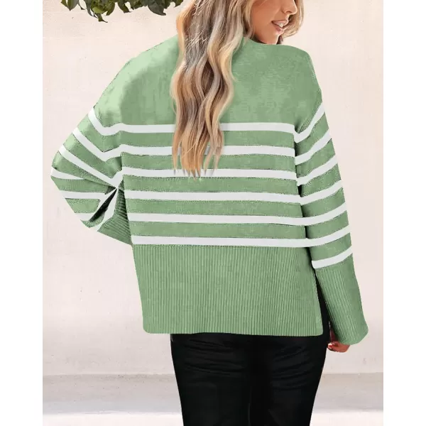 imagePRETTYGARDEN Womens 2024 Fall Striped Sweater Oversized Long Sleeve Crew Neck Side Slit Casual Trendy Knit Pullover SweatersLight Green