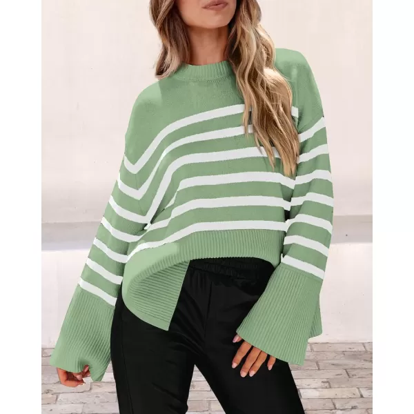 imagePRETTYGARDEN Womens 2024 Fall Striped Sweater Oversized Long Sleeve Crew Neck Side Slit Casual Trendy Knit Pullover SweatersLight Green