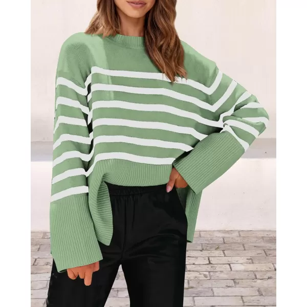 imagePRETTYGARDEN Womens 2024 Fall Striped Sweater Oversized Long Sleeve Crew Neck Side Slit Casual Trendy Knit Pullover SweatersLight Green