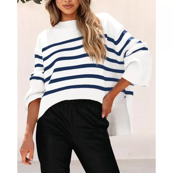 imagePRETTYGARDEN Womens 2024 Fall Striped Sweater Oversized Long Sleeve Crew Neck Side Slit Casual Trendy Knit Pullover SweatersNavy