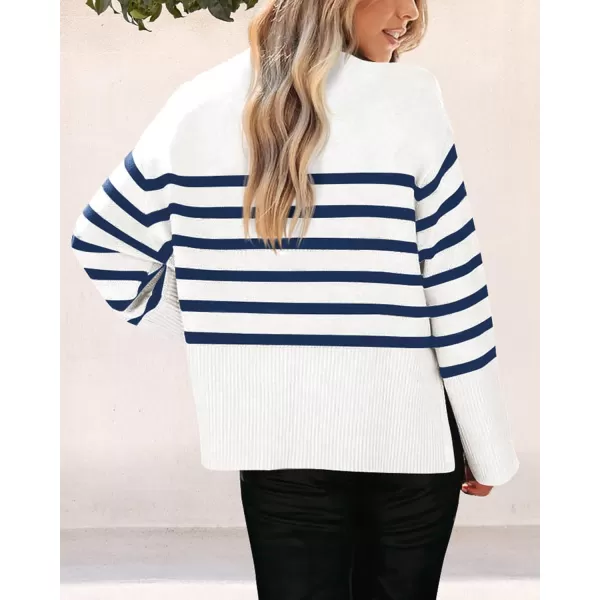 imagePRETTYGARDEN Womens 2024 Fall Striped Sweater Oversized Long Sleeve Crew Neck Side Slit Casual Trendy Knit Pullover SweatersNavy