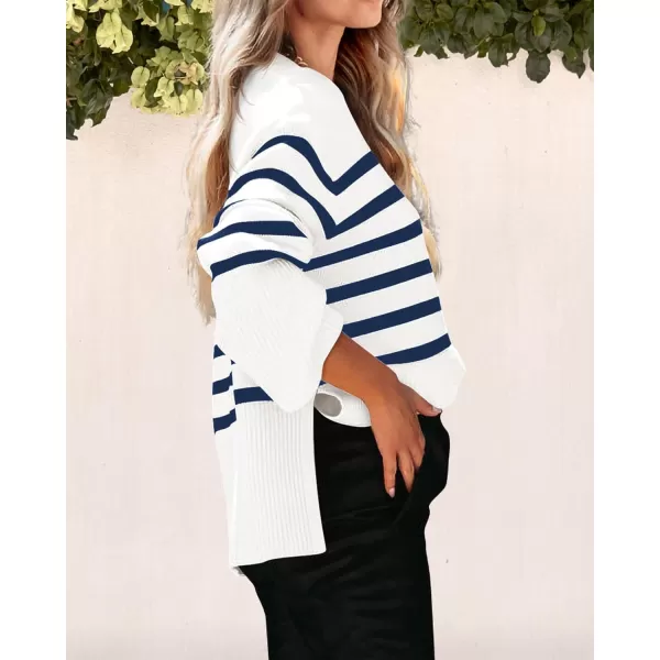 imagePRETTYGARDEN Womens 2024 Fall Striped Sweater Oversized Long Sleeve Crew Neck Side Slit Casual Trendy Knit Pullover SweatersNavy