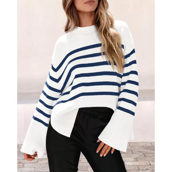 imagePRETTYGARDEN Womens 2024 Fall Striped Sweater Oversized Long Sleeve Crew Neck Side Slit Casual Trendy Knit Pullover SweatersNavy