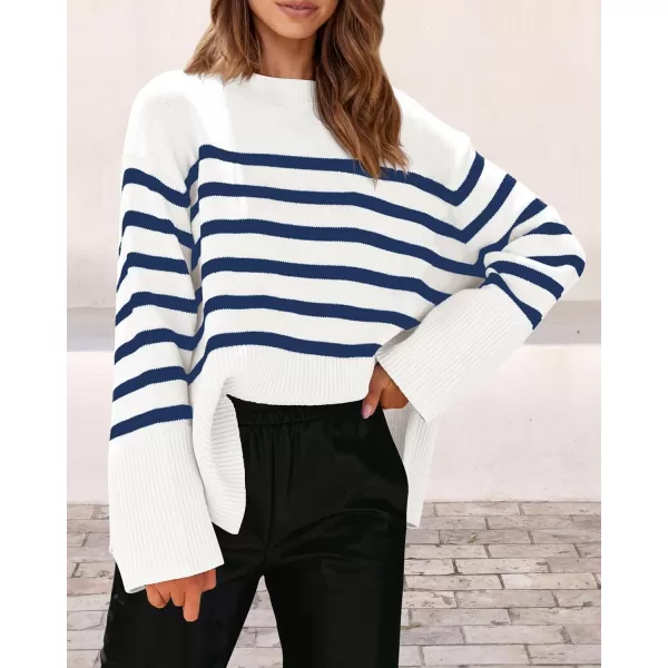 imagePRETTYGARDEN Womens 2024 Fall Striped Sweater Oversized Long Sleeve Crew Neck Side Slit Casual Trendy Knit Pullover SweatersNavy
