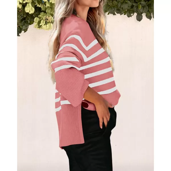 imagePRETTYGARDEN Womens 2024 Fall Striped Sweater Oversized Long Sleeve Crew Neck Side Slit Casual Trendy Knit Pullover SweatersPink
