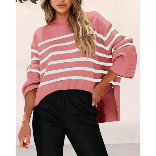 imagePRETTYGARDEN Womens 2024 Fall Striped Sweater Oversized Long Sleeve Crew Neck Side Slit Casual Trendy Knit Pullover SweatersPink