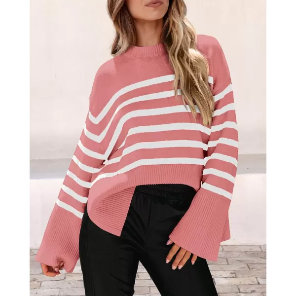 imagePRETTYGARDEN Womens 2024 Fall Striped Sweater Oversized Long Sleeve Crew Neck Side Slit Casual Trendy Knit Pullover SweatersPink