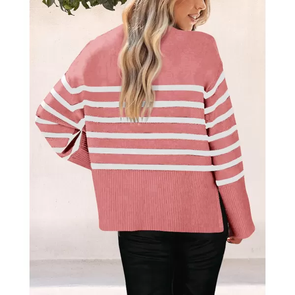 imagePRETTYGARDEN Womens 2024 Fall Striped Sweater Oversized Long Sleeve Crew Neck Side Slit Casual Trendy Knit Pullover SweatersPink