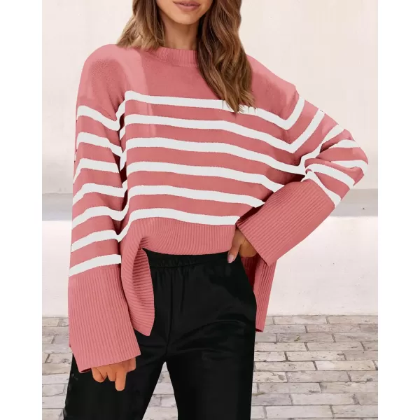 imagePRETTYGARDEN Womens 2024 Fall Striped Sweater Oversized Long Sleeve Crew Neck Side Slit Casual Trendy Knit Pullover SweatersPink