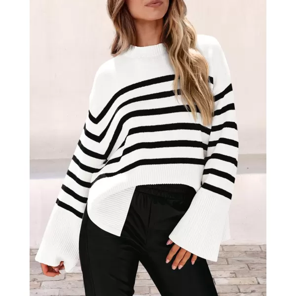 imagePRETTYGARDEN Womens 2024 Fall Striped Sweater Oversized Long Sleeve Crew Neck Side Slit Casual Trendy Knit Pullover SweatersWhite