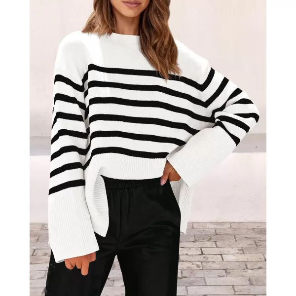 imagePRETTYGARDEN Womens 2024 Fall Striped Sweater Oversized Long Sleeve Crew Neck Side Slit Casual Trendy Knit Pullover SweatersWhite