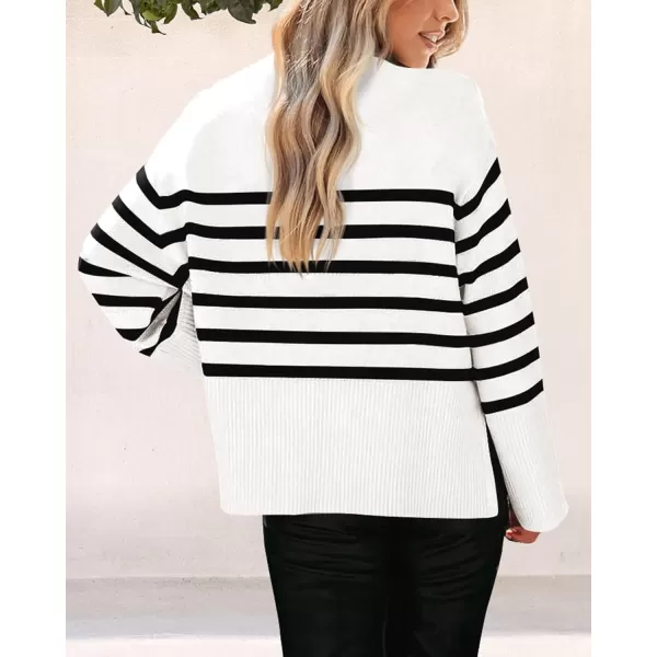 imagePRETTYGARDEN Womens 2024 Fall Striped Sweater Oversized Long Sleeve Crew Neck Side Slit Casual Trendy Knit Pullover SweatersWhite