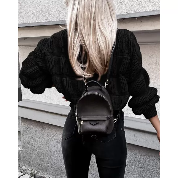 imagePRETTYGARDEN Womens 2024 Fall Sweaters Casual Crew Neck Pullover Long Puff Sleeve Loose Plain Chunky Knit Cute Blouse TopsBlack