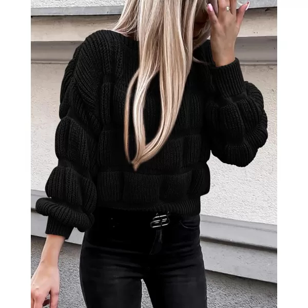 imagePRETTYGARDEN Womens 2024 Fall Sweaters Casual Crew Neck Pullover Long Puff Sleeve Loose Plain Chunky Knit Cute Blouse TopsBlack