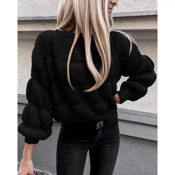 imagePRETTYGARDEN Womens 2024 Fall Sweaters Casual Crew Neck Pullover Long Puff Sleeve Loose Plain Chunky Knit Cute Blouse TopsBlack