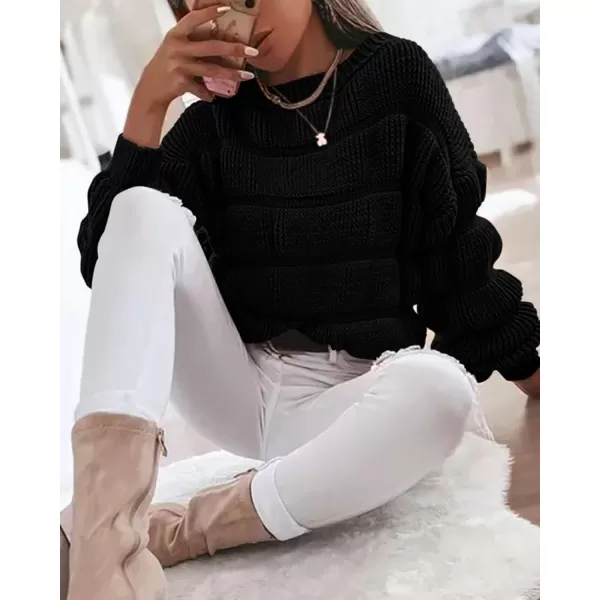 imagePRETTYGARDEN Womens 2024 Fall Sweaters Casual Crew Neck Pullover Long Puff Sleeve Loose Plain Chunky Knit Cute Blouse TopsBlack