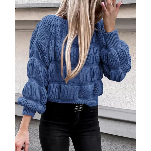 imagePRETTYGARDEN Womens 2024 Fall Sweaters Casual Crew Neck Pullover Long Puff Sleeve Loose Plain Chunky Knit Cute Blouse TopsBlue