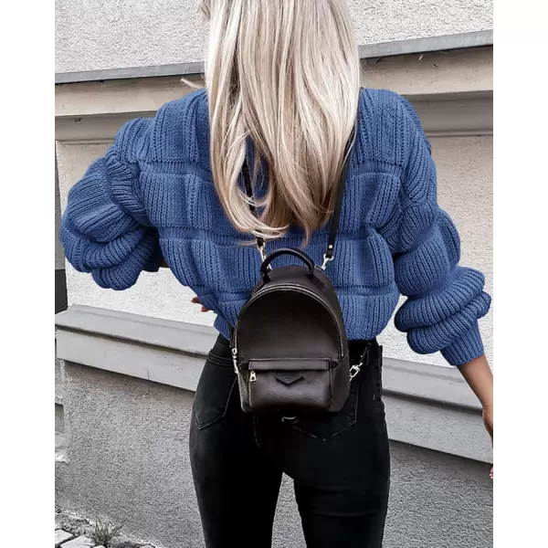 imagePRETTYGARDEN Womens 2024 Fall Sweaters Casual Crew Neck Pullover Long Puff Sleeve Loose Plain Chunky Knit Cute Blouse TopsBlue