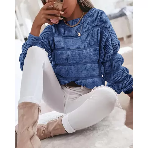 imagePRETTYGARDEN Womens 2024 Fall Sweaters Casual Crew Neck Pullover Long Puff Sleeve Loose Plain Chunky Knit Cute Blouse TopsBlue