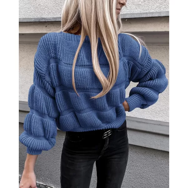 imagePRETTYGARDEN Womens 2024 Fall Sweaters Casual Crew Neck Pullover Long Puff Sleeve Loose Plain Chunky Knit Cute Blouse TopsBlue