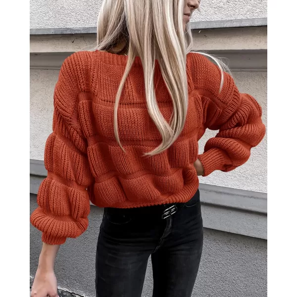 imagePRETTYGARDEN Womens 2024 Fall Sweaters Casual Crew Neck Pullover Long Puff Sleeve Loose Plain Chunky Knit Cute Blouse TopsBrick Red