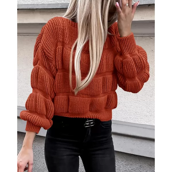 imagePRETTYGARDEN Womens 2024 Fall Sweaters Casual Crew Neck Pullover Long Puff Sleeve Loose Plain Chunky Knit Cute Blouse TopsBrick Red