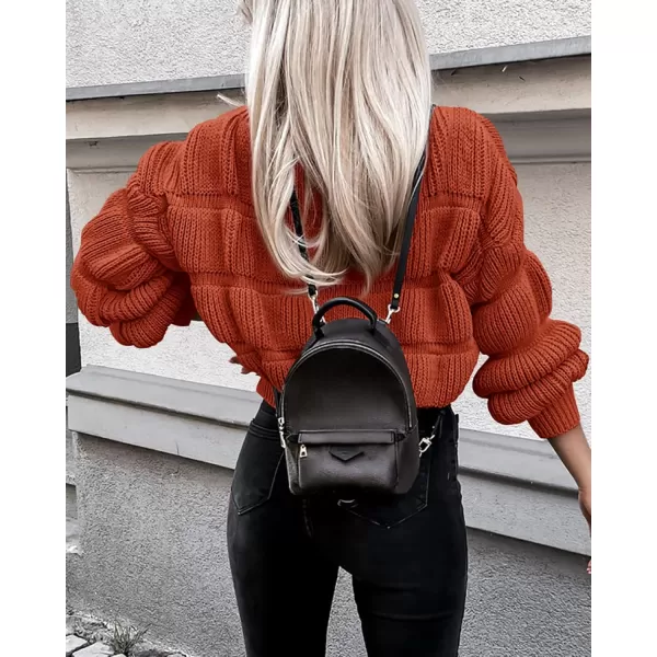 imagePRETTYGARDEN Womens 2024 Fall Sweaters Casual Crew Neck Pullover Long Puff Sleeve Loose Plain Chunky Knit Cute Blouse TopsBrick Red