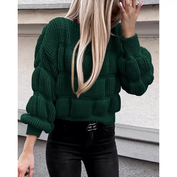 imagePRETTYGARDEN Womens 2024 Fall Sweaters Casual Crew Neck Pullover Long Puff Sleeve Loose Plain Chunky Knit Cute Blouse TopsDark Green