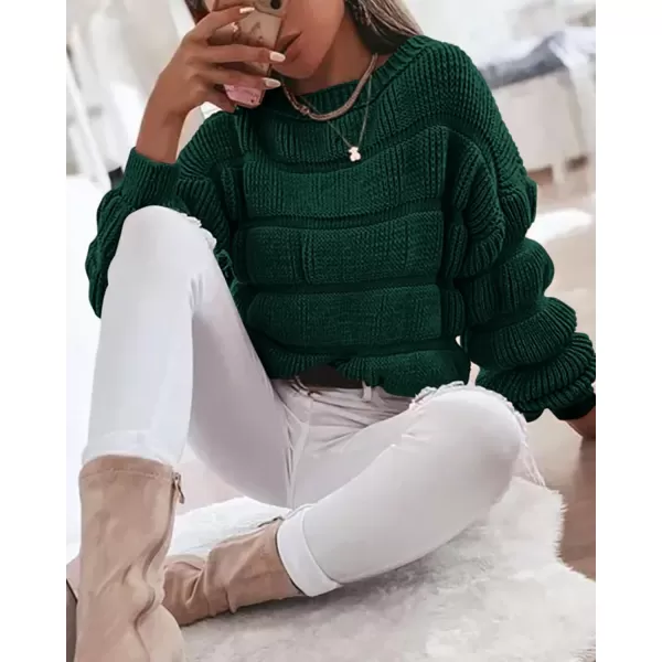 imagePRETTYGARDEN Womens 2024 Fall Sweaters Casual Crew Neck Pullover Long Puff Sleeve Loose Plain Chunky Knit Cute Blouse TopsDark Green