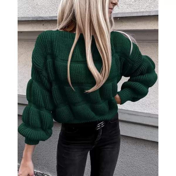 imagePRETTYGARDEN Womens 2024 Fall Sweaters Casual Crew Neck Pullover Long Puff Sleeve Loose Plain Chunky Knit Cute Blouse TopsDark Green