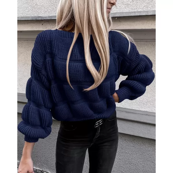 imagePRETTYGARDEN Womens 2024 Fall Sweaters Casual Crew Neck Pullover Long Puff Sleeve Loose Plain Chunky Knit Cute Blouse TopsNavy