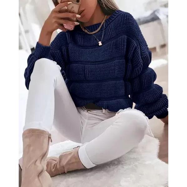 imagePRETTYGARDEN Womens 2024 Fall Sweaters Casual Crew Neck Pullover Long Puff Sleeve Loose Plain Chunky Knit Cute Blouse TopsNavy