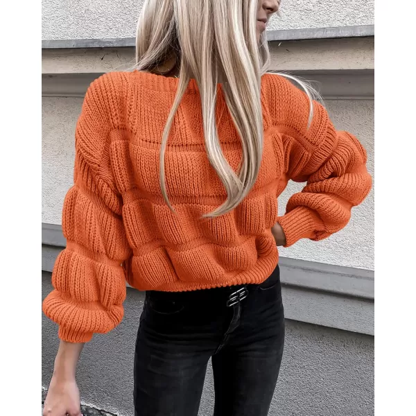 imagePRETTYGARDEN Womens 2024 Fall Sweaters Casual Crew Neck Pullover Long Puff Sleeve Loose Plain Chunky Knit Cute Blouse TopsOrange
