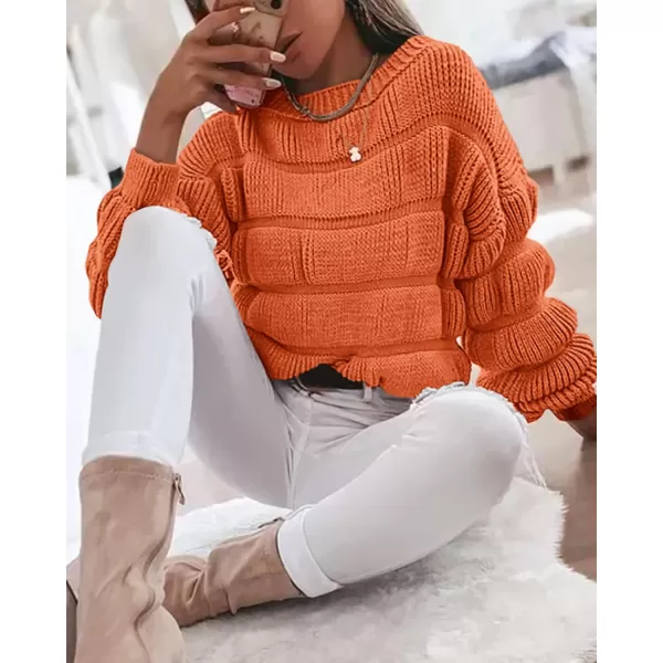 imagePRETTYGARDEN Womens 2024 Fall Sweaters Casual Crew Neck Pullover Long Puff Sleeve Loose Plain Chunky Knit Cute Blouse TopsOrange