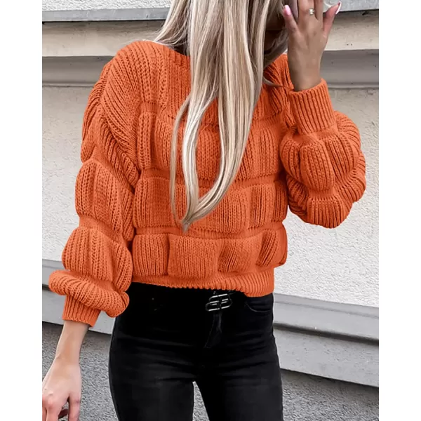 imagePRETTYGARDEN Womens 2024 Fall Sweaters Casual Crew Neck Pullover Long Puff Sleeve Loose Plain Chunky Knit Cute Blouse TopsOrange