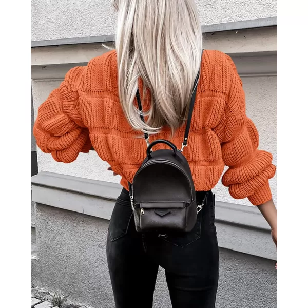 imagePRETTYGARDEN Womens 2024 Fall Sweaters Casual Crew Neck Pullover Long Puff Sleeve Loose Plain Chunky Knit Cute Blouse TopsOrange