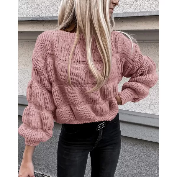imagePRETTYGARDEN Womens 2024 Fall Sweaters Casual Crew Neck Pullover Long Puff Sleeve Loose Plain Chunky Knit Cute Blouse TopsPink