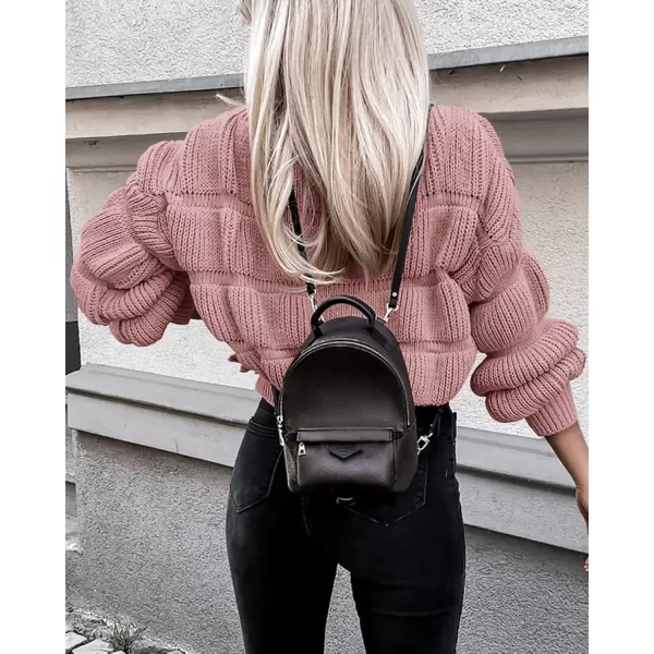 imagePRETTYGARDEN Womens 2024 Fall Sweaters Casual Crew Neck Pullover Long Puff Sleeve Loose Plain Chunky Knit Cute Blouse TopsPink