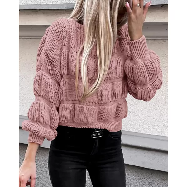 imagePRETTYGARDEN Womens 2024 Fall Sweaters Casual Crew Neck Pullover Long Puff Sleeve Loose Plain Chunky Knit Cute Blouse TopsPink