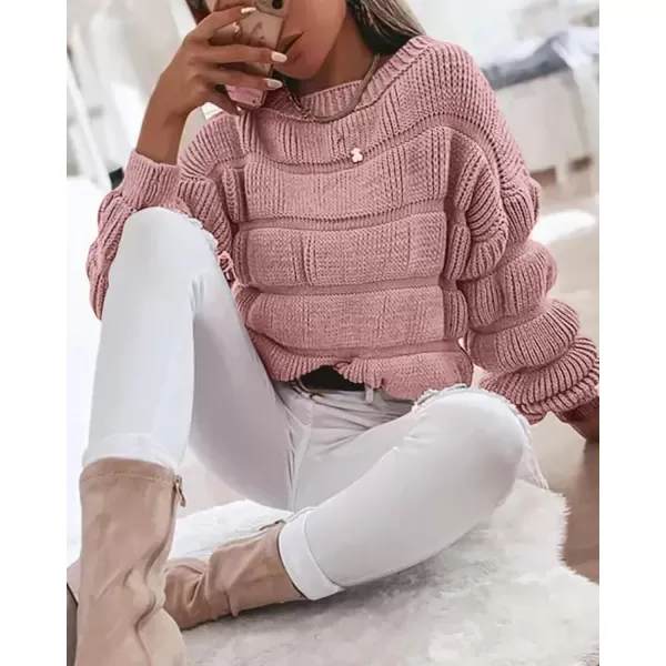 imagePRETTYGARDEN Womens 2024 Fall Sweaters Casual Crew Neck Pullover Long Puff Sleeve Loose Plain Chunky Knit Cute Blouse TopsPink